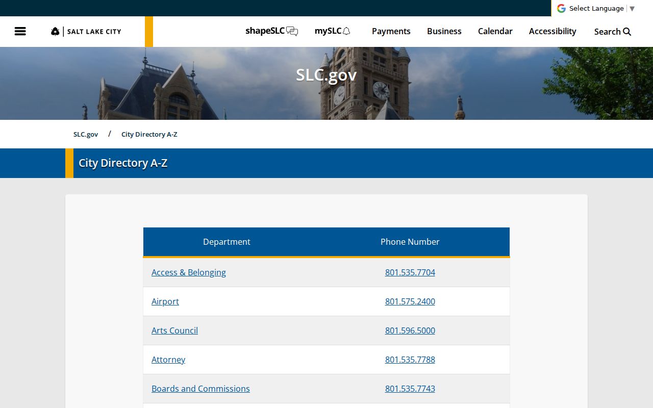 Salt Lake City A to Z municipal listings in the Utah phone directory