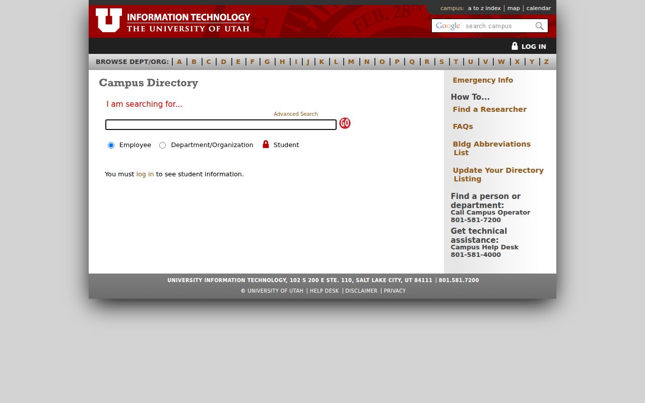 University of Utah campus directory search in the Utah phone directory