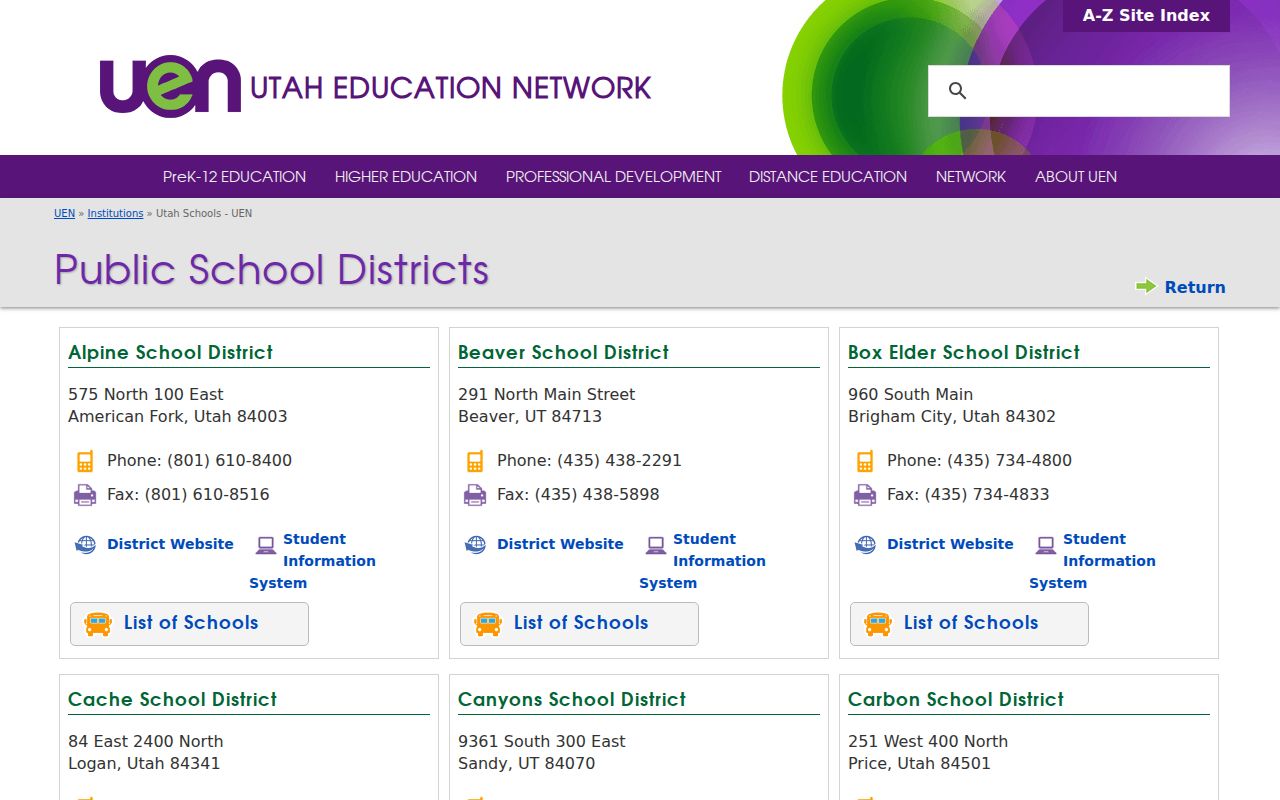 Utah Education Network district listings in the Utah phone directory