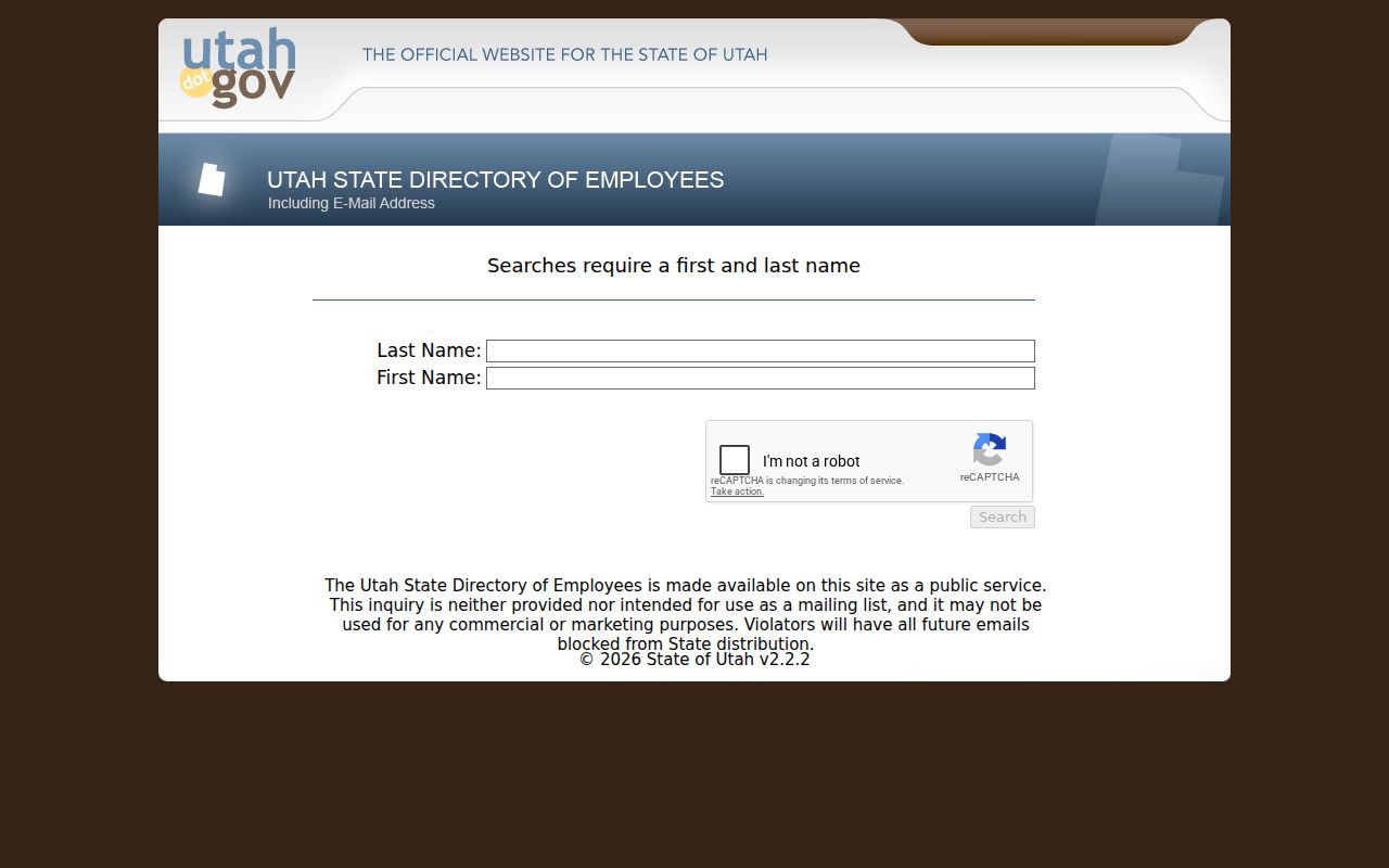 Utah phone directory search on the Utah State Directory of Employees
