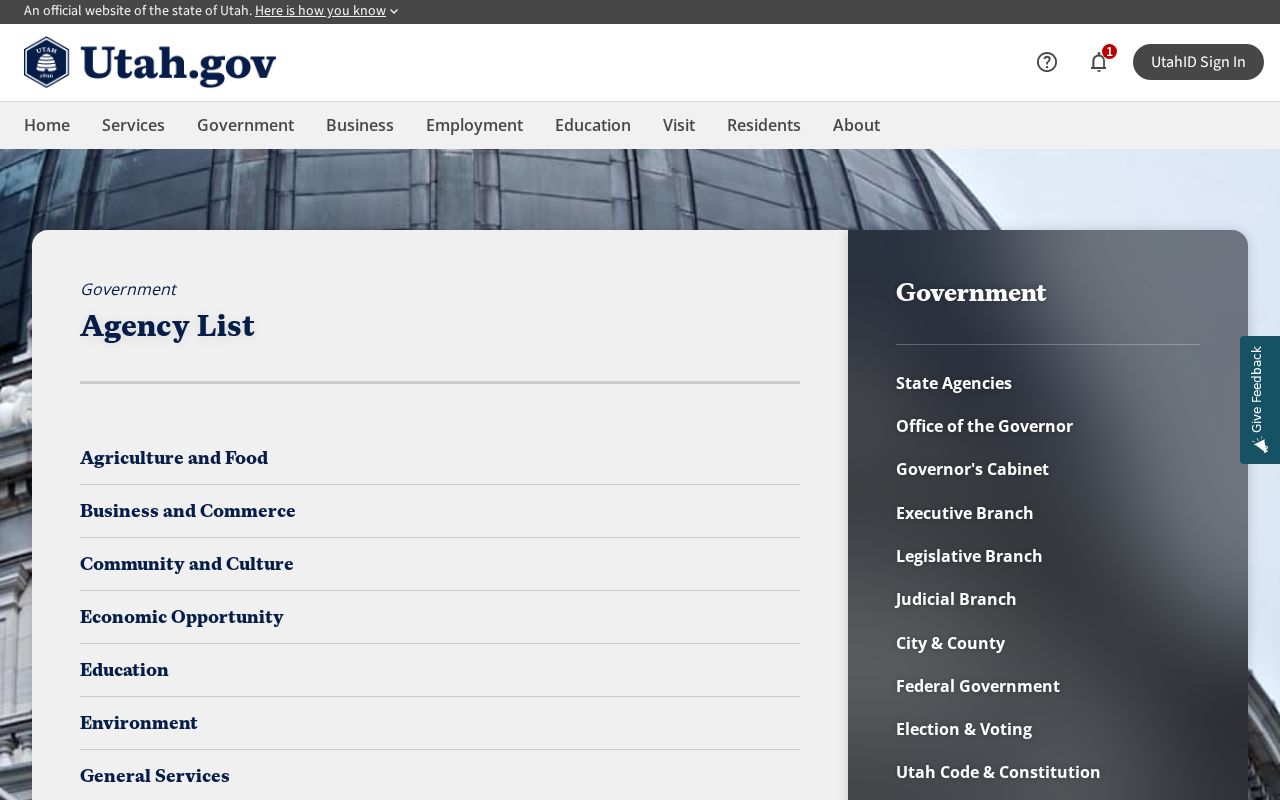 Utah.gov agency list used as a state Utah phone directory