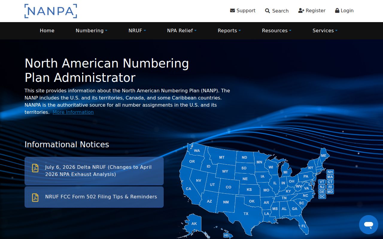 NANPA home page used to verify Utah phone area codes