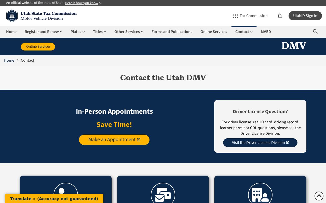 Utah DMV contact page listing Utah phone numbers for vehicle services
