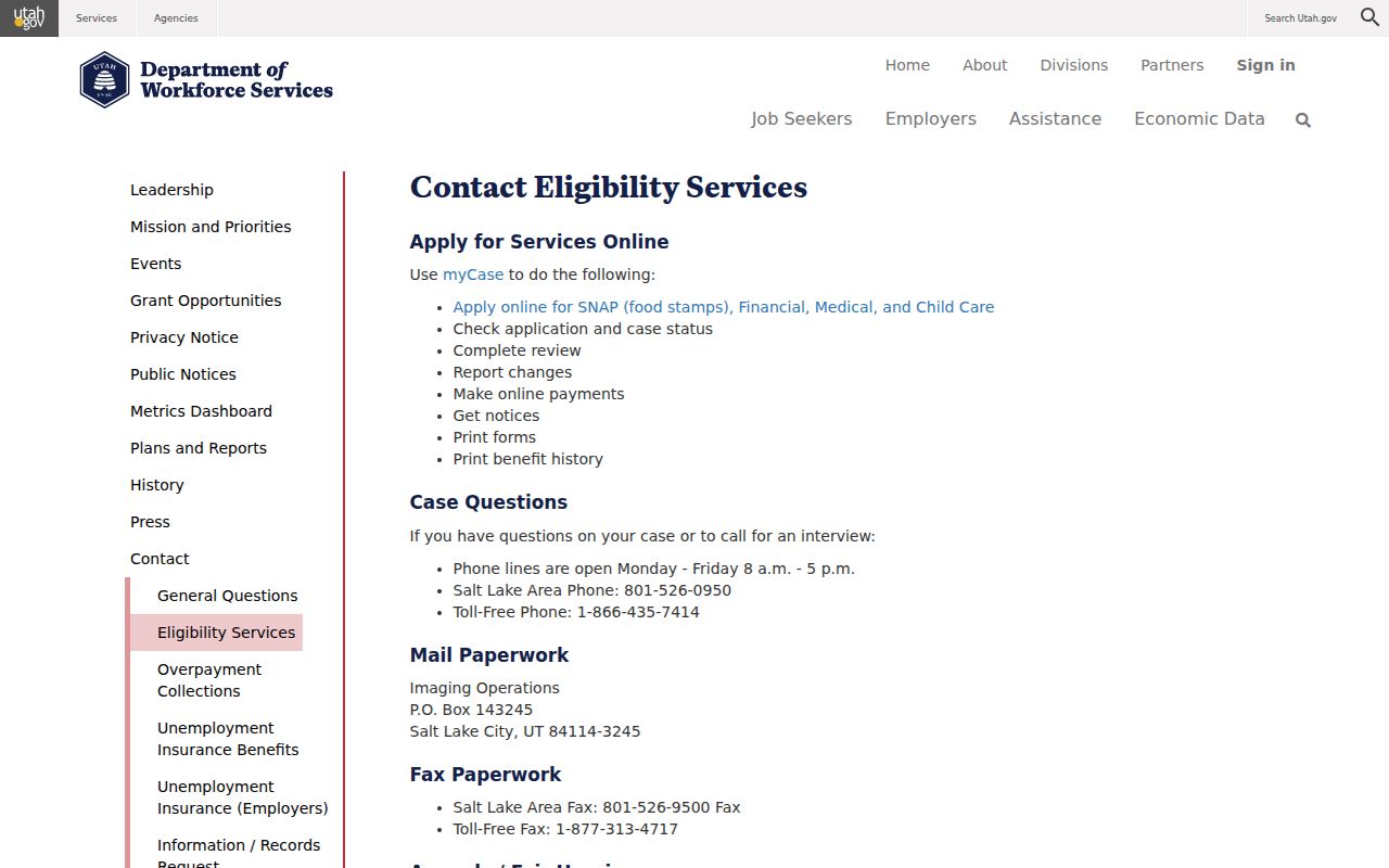 Utah Workforce Services eligibility contact numbers in the Utah phone directory
