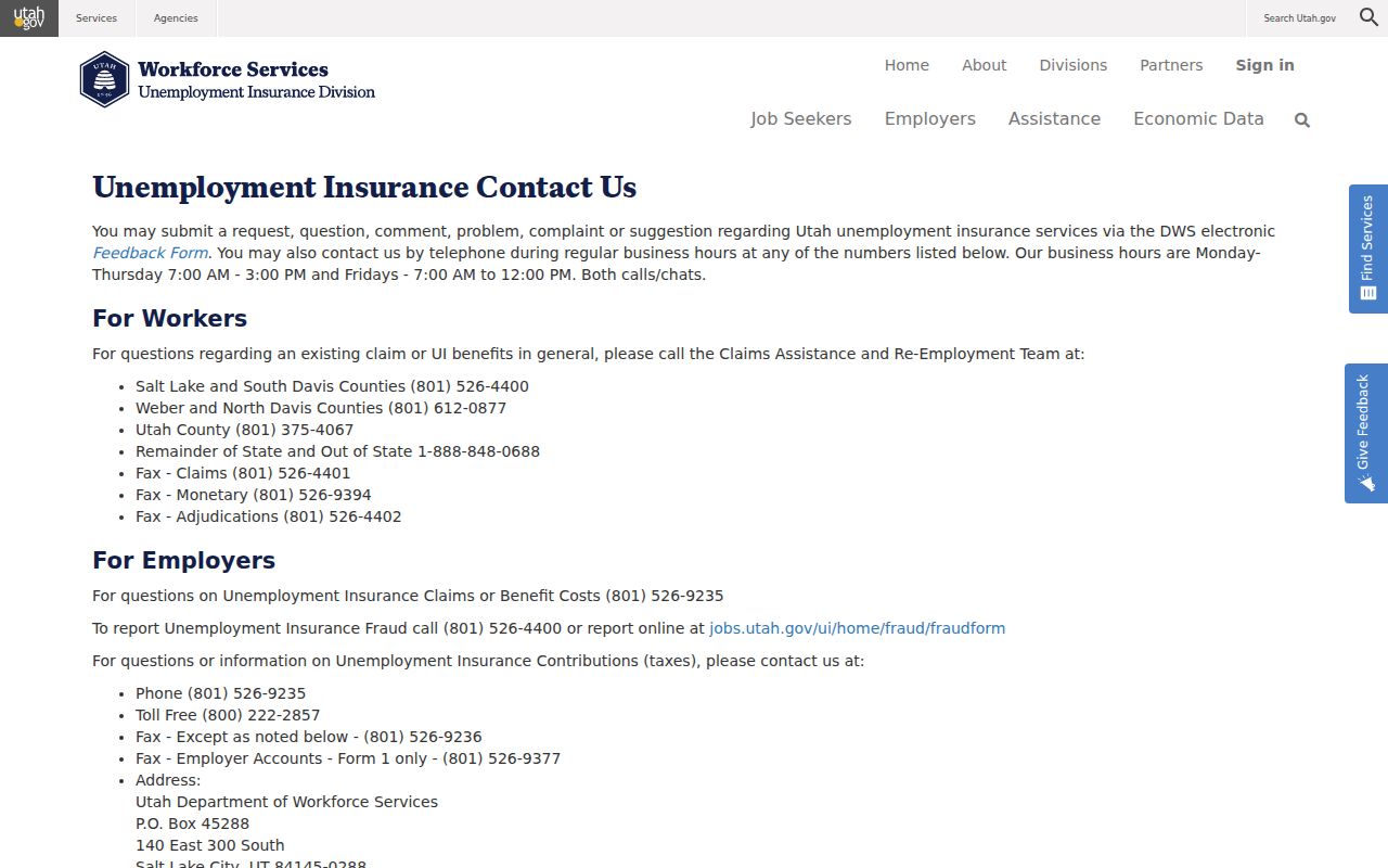Utah unemployment insurance contact numbers in the Utah phone directory