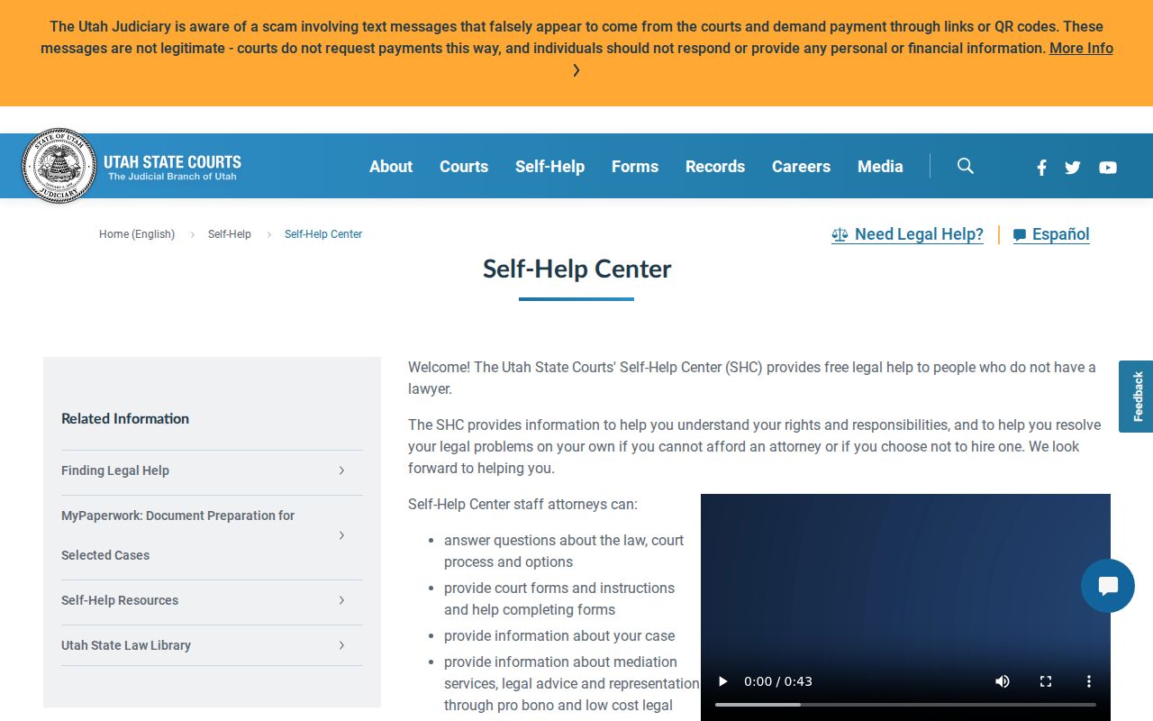 Utah Courts Self-Help Center contact page with Utah phone numbers for court help